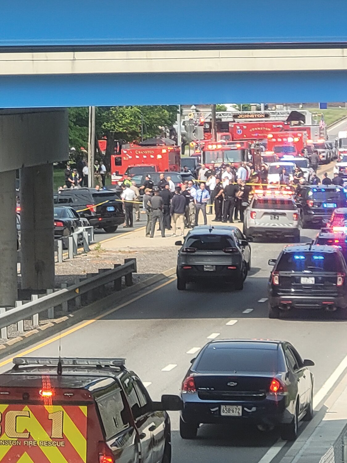HEAVY POLICE PRESENCE: Police from multiple departments converged on a shooting suspect’s car along Plainfield Pike, on the Johnston/Cranston border, early Wednesday morning.